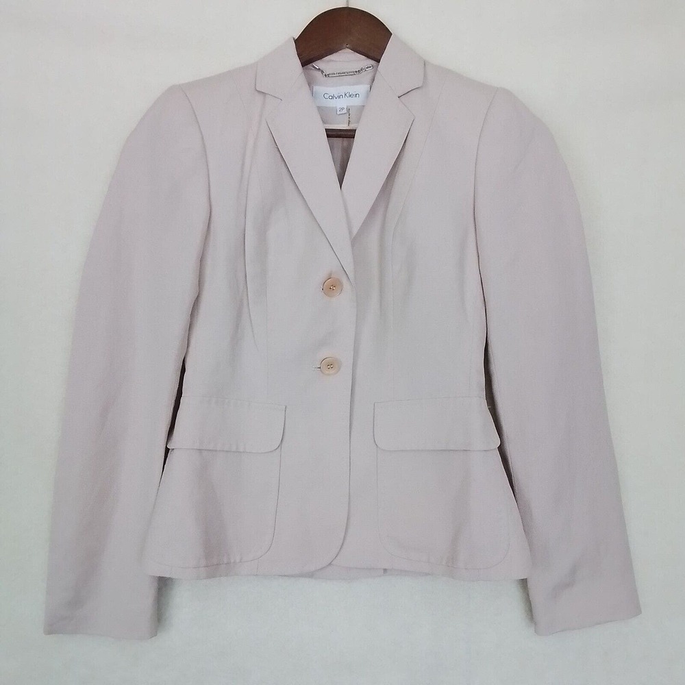 Calvin Klein Womens Linen‎ Jacket Blazer Sz 2 Petite Pink Career Notched Collar
